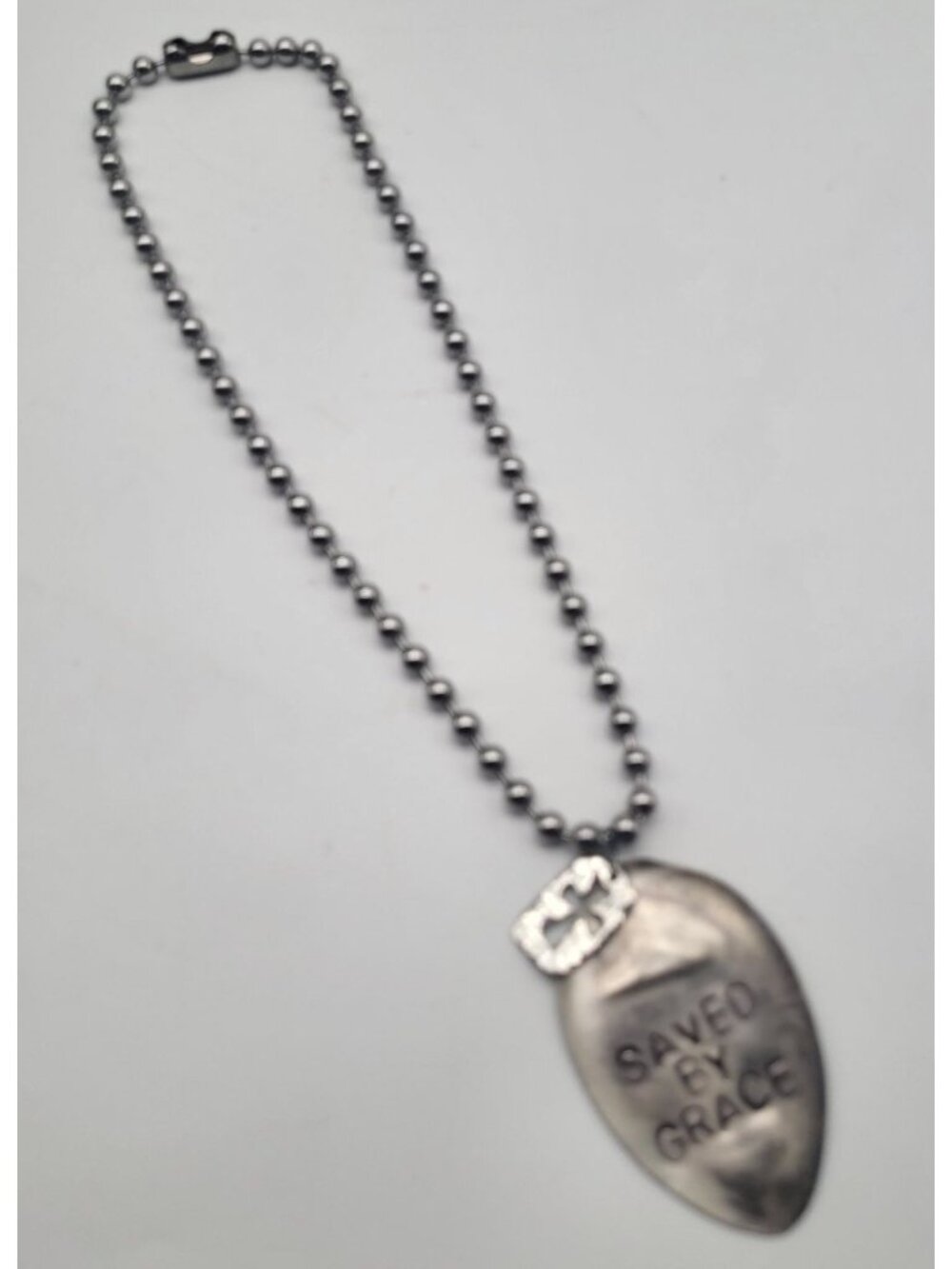 Saved By Grace Stamped Silver Tone Necklace Religious Faith Cross - Picture 2 of 5